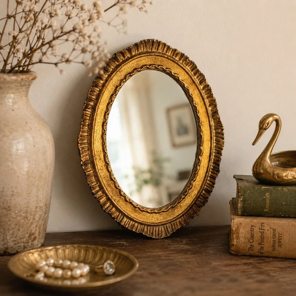 Vintage Italian Gold Gilt Oval Wall Mirror Hand Gilded Hollywood Regency Decor